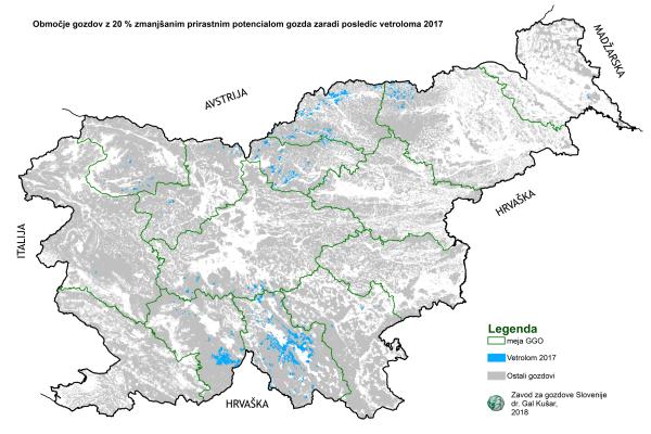 Območje gozdov z 20 % zmanj&scaron;anim prirastnim potencialom gozda zaradi posledic vetroloma 2017