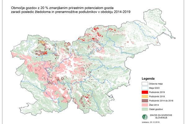 Območje gozdov z 20 % zmanj&scaron;anim prirastnim potencialom gozda zaradi posledic žledoloma in prenamnožitve podlubnikov v obdobju 2014-2019.